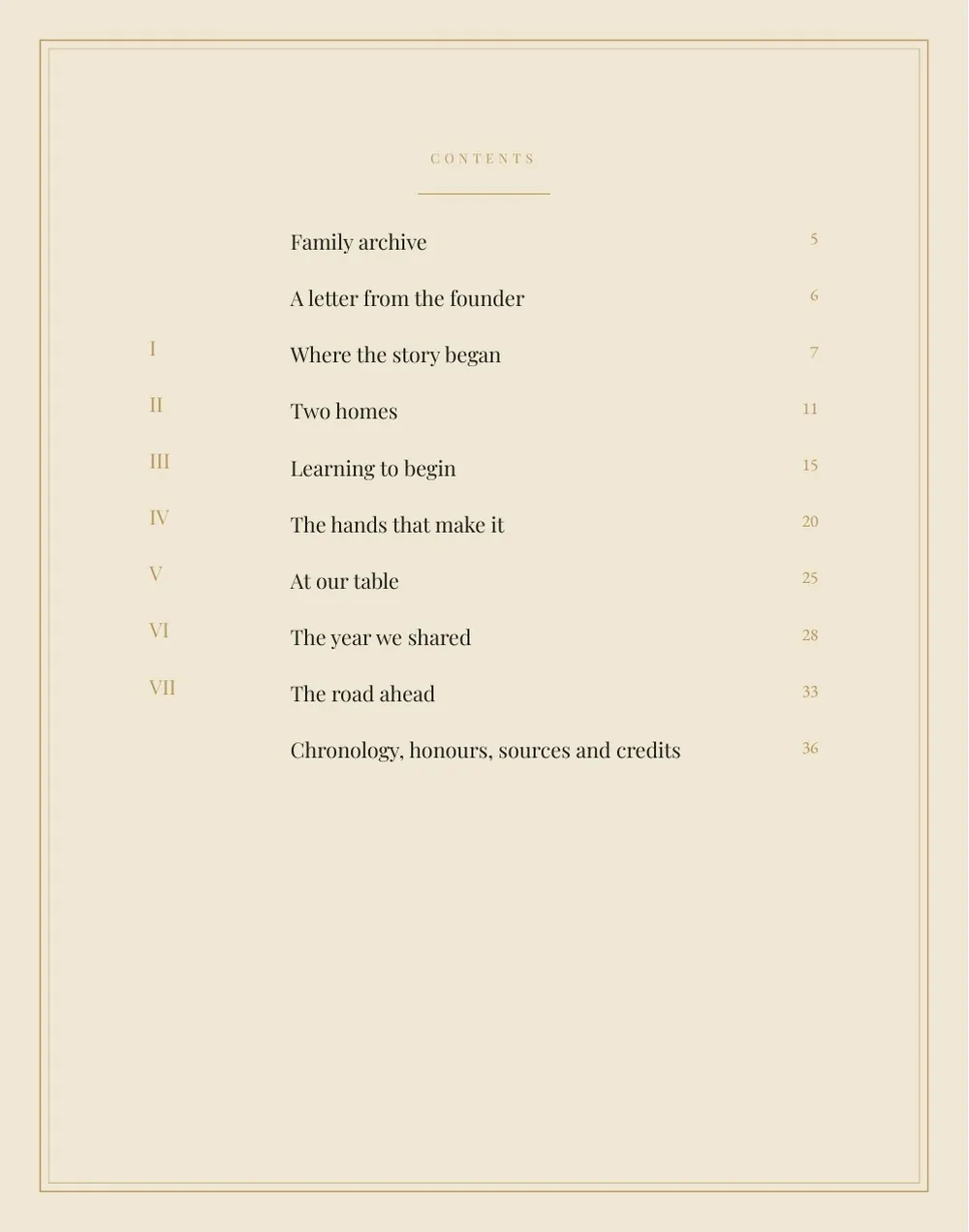 The contents page, listing the family archive, a letter from the founder, the parts of the book by title and page number, and the chronology.