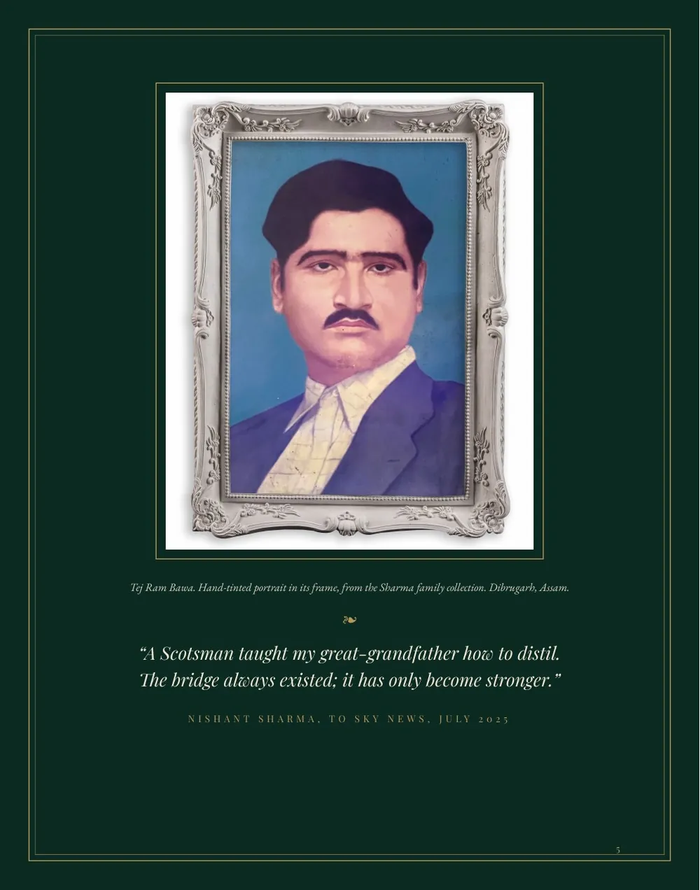 A page showing the hand-tinted portrait of Tej Ram Bawa in an ornate frame, above a quotation from Nishant Sharma to Sky News, July 2025.