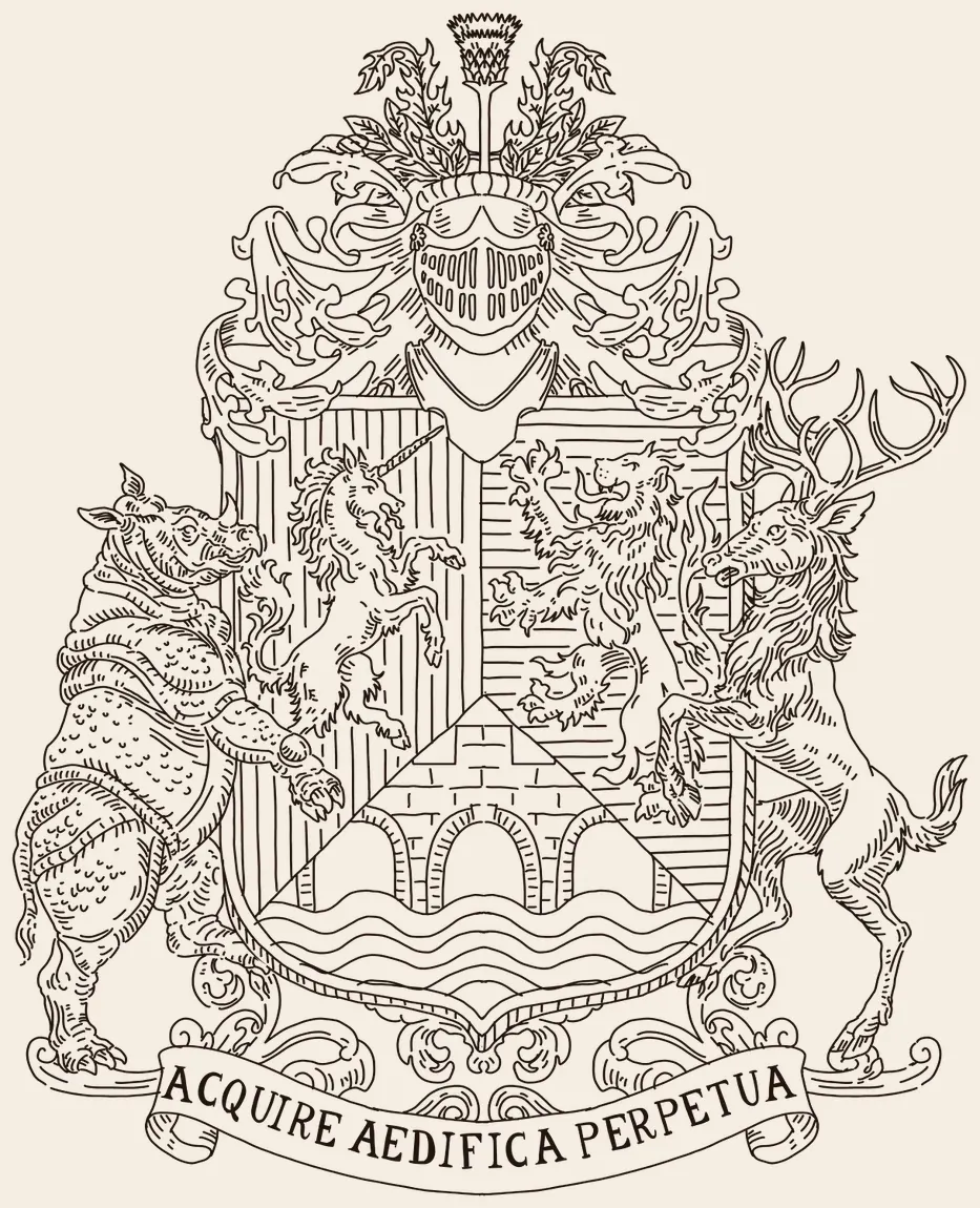 Line drawing of the Sharma family crest: a shield with a unicorn, a lion and a bridge over water, under a helm and thistle, held by a rhinoceros and a stag, above the motto Acquire Aedifica Perpetua