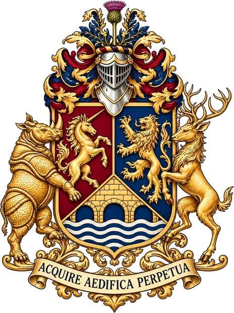 The Sharma family crest: a shield of crimson and navy with a gold unicorn, a gold lion and a bridge over water, held by a rhinoceros and a stag, with the motto Acquire, Aedifica, Perpetua