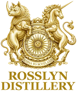 Rosslyn Distillery logo: a rhinoceros and a unicorn holding a shield with a spoked wheel, over a ribbon reading India to Scotland, above the words Rosslyn Distillery