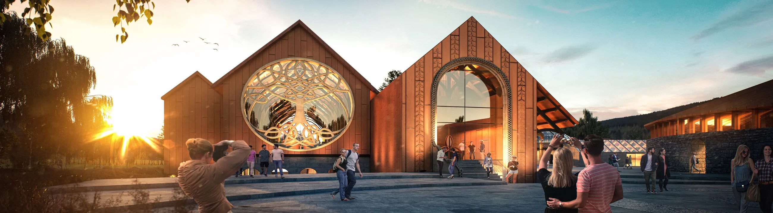 Concept render of Rosslyn at sunset: two timber-clad gabled buildings, one with a large round window carved with a tree and the other with a tall arched glass entrance, a stone-walled building to the right, and visitors gathering in the courtyard
